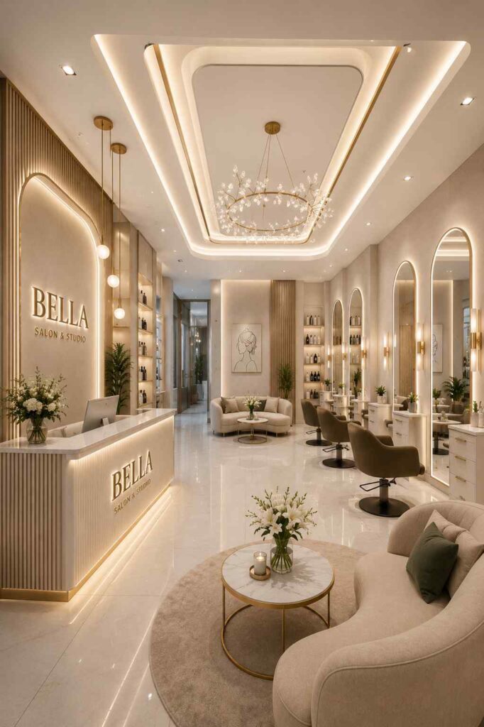 Luxury salon interior design with white and gold decor, modern reception desk, elegant chandelier ceiling, LED mirrors, stylish salon chairs, and premium beauty studio setup.