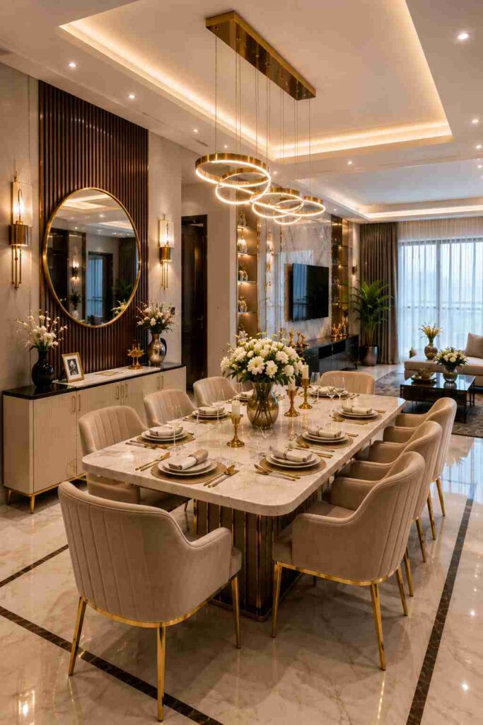 Modern luxury dining room interior featuring a marble dining table, beige upholstered chairs, gold ring pendant lights, elegant wall mirror, warm ceiling lighting, glossy marble flooring, and contemporary decor.