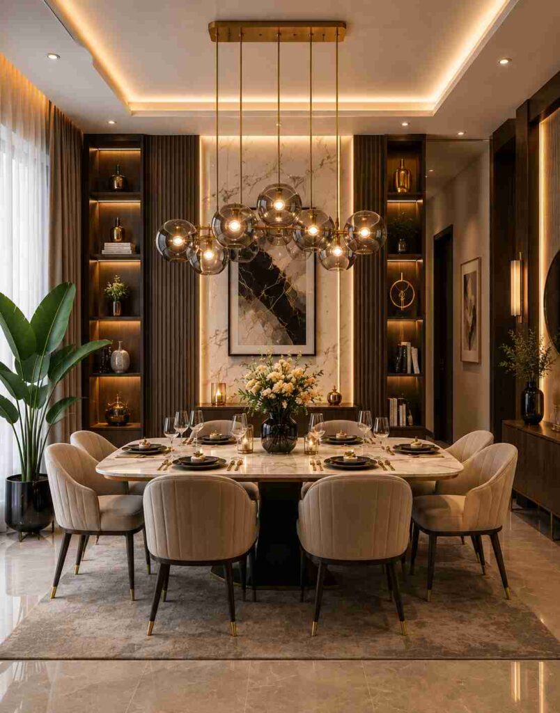 Modern luxury dining room interior featuring a marble dining table, upholstered beige chairs, glass pendant chandelier lights, marble accent wall, warm LED ceiling lighting, decorative shelves, and elegant contemporary decor.