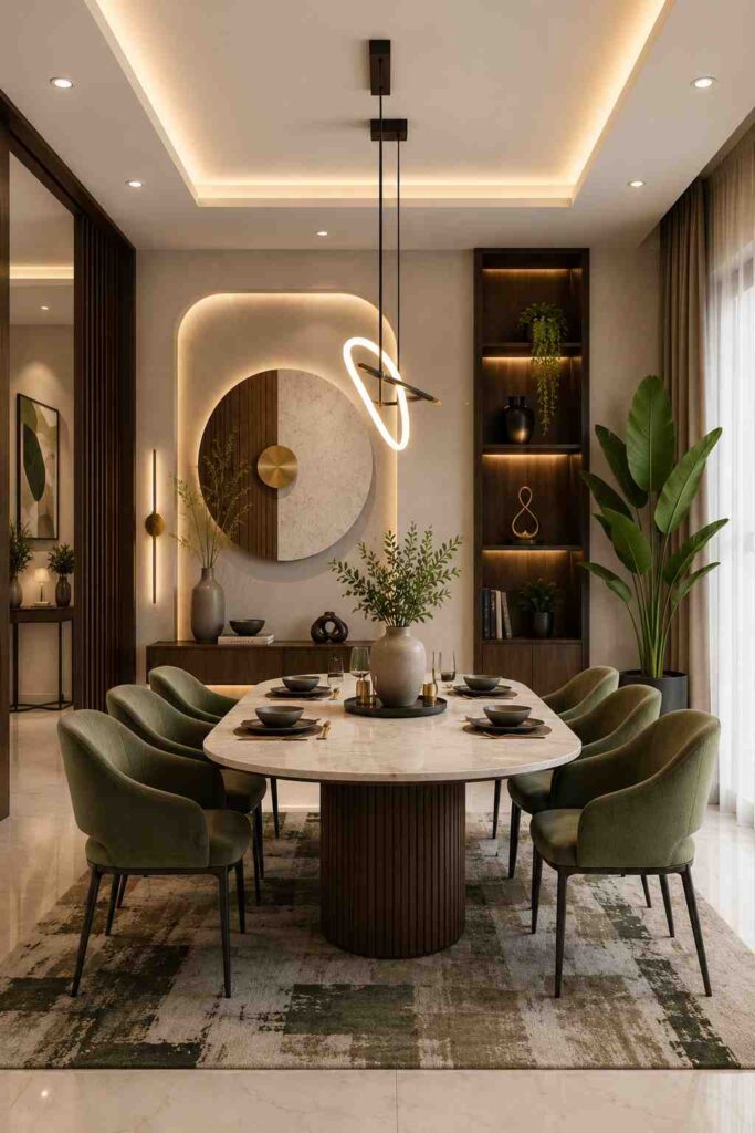 Modern minimalist dining room interior featuring a marble dining table, olive green upholstered chairs, warm LED ceiling lighting, modern pendant light, decorative wall art, wooden shelves, indoor plants, and elegant contemporary decor.