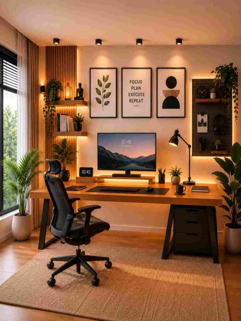 Modern minimalist home office interior featuring a wooden desk, ergonomic office chair, warm LED lighting, computer setup, floating shelves, indoor plants, motivational wall art, and cozy contemporary workspace decor.