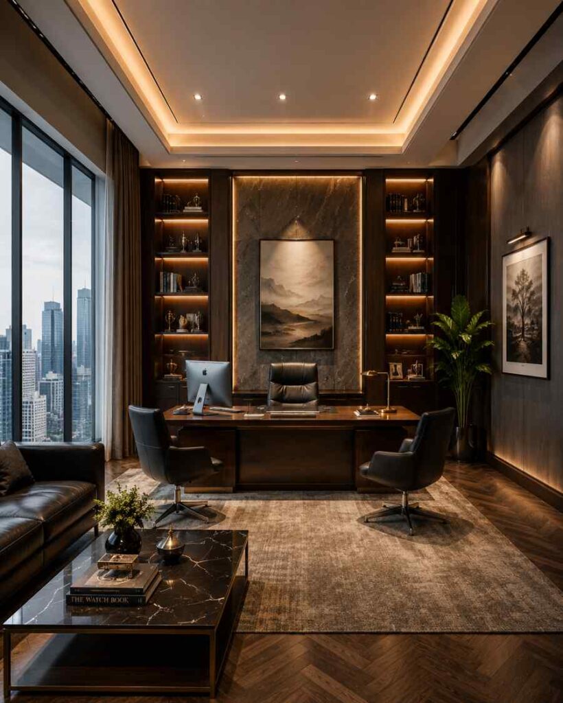 Luxury executive office interior with dark wood wall panels, ambient ceiling lighting, premium office desk, black leather chairs, illuminated bookshelves, marble accent wall, city skyline window view, and modern corporate workspace decor.