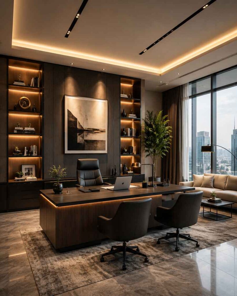 Modern CEO office interior with dark wood executive desk, black swivel chairs, ambient LED shelf lighting, floor-to-ceiling city view windows, luxury wall decor, marble flooring, and elegant corporate workspace design.