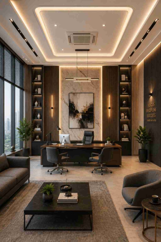 Luxury executive office interior with marble accent wall, ambient LED ceiling lighting, premium wooden desk, modern swivel chairs, illuminated shelving, floor-to-ceiling windows, indoor plants, and elegant corporate workspace decor.
