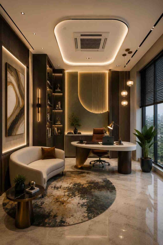 Luxury modern office cabin interior with curved executive desk, ambient LED ceiling lighting, pendant lights, designer wall paneling, marble flooring, indoor plants, cozy lounge chair, and elegant corporate workspace decor.