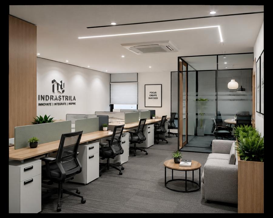 Modern minimalist office interior with open workspace desks, ergonomic black office chairs, glass partition meeting room, LED ceiling lighting, wooden workstation setup, indoor plants, and contemporary corporate office decor.