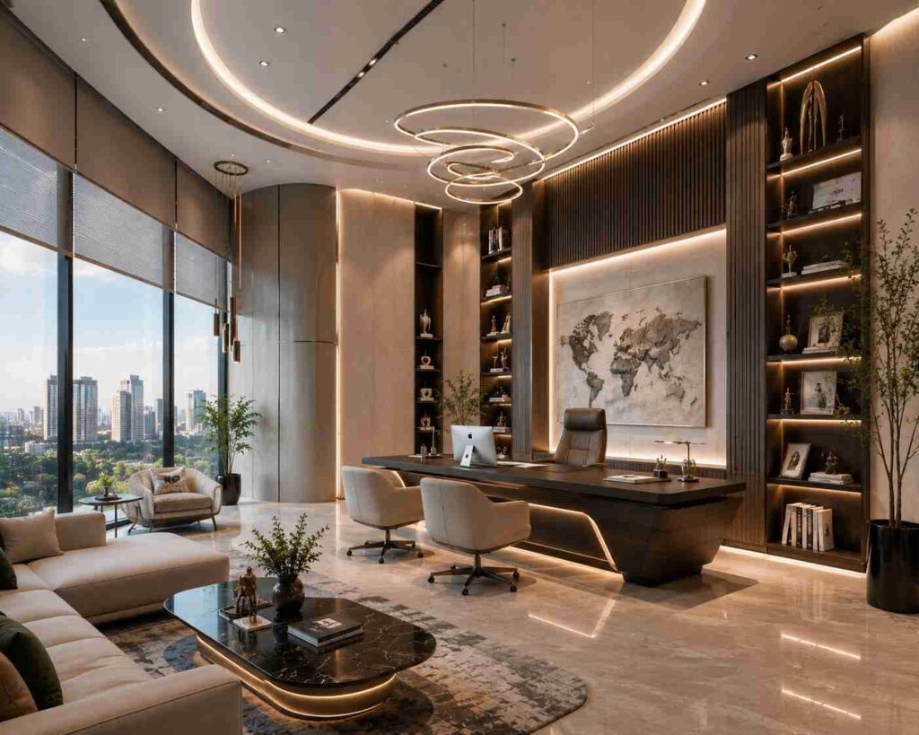 Ultra luxury executive office interior with modern ring chandelier, floor-to-ceiling skyline windows, premium executive desk, illuminated wooden shelves, world map wall art, marble flooring, elegant lounge seating, and contemporary corporate workspace design.