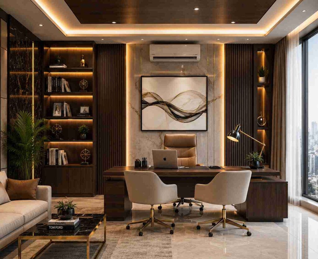 Modern luxury executive office with wooden desk, cream swivel chairs, ambient LED shelf lighting, marble accent wall, abstract wall art, indoor plants, large city-view windows, and elegant corporate workspace decor.
