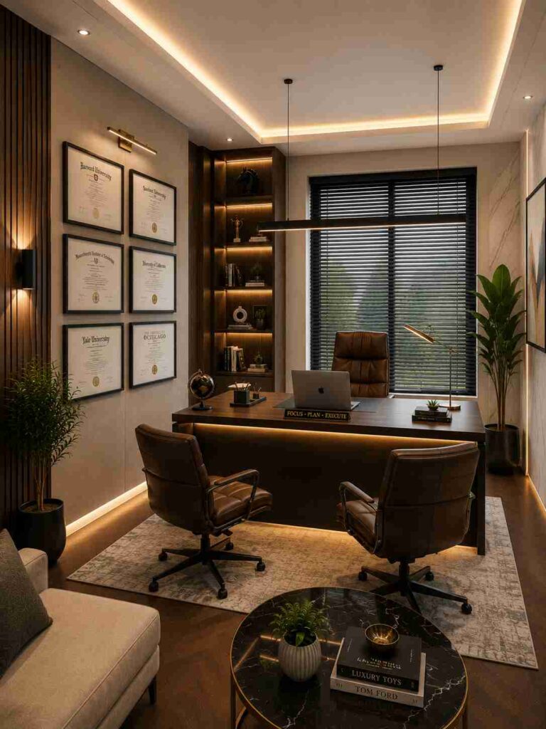 Modern executive office cabin with framed certificate wall, wooden executive desk, brown leather office chairs, ambient LED shelf lighting, black window blinds, indoor plants, and luxury corporate workspace decor.