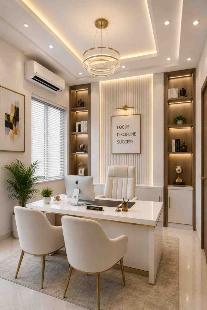 Modern luxury white office cabin with gold accent chandelier, sleek executive desk, cream upholstered chairs, ambient LED shelving, motivational wall art, indoor plants, marble flooring, and elegant contemporary workspace decor.