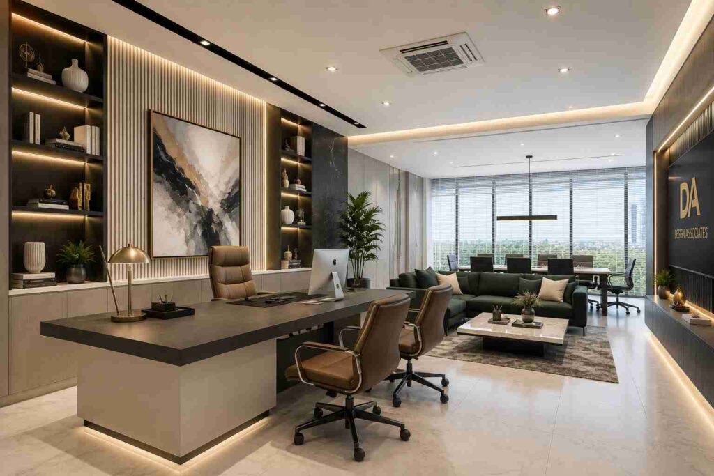 Modern luxury corporate office interior with executive desk, leather office chairs, ambient LED shelving, abstract wall art, lounge seating area, conference table, floor-to-ceiling windows, and elegant contemporary workspace decor.