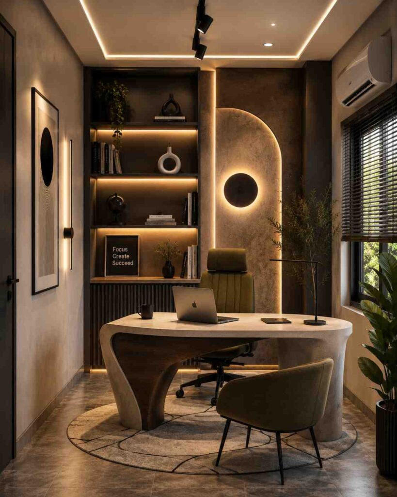 Modern luxury home office interior featuring a curved executive desk, ambient LED lighting, custom wall shelving, textured accent wall, ergonomic chair, and contemporary décor in warm neutral tones.