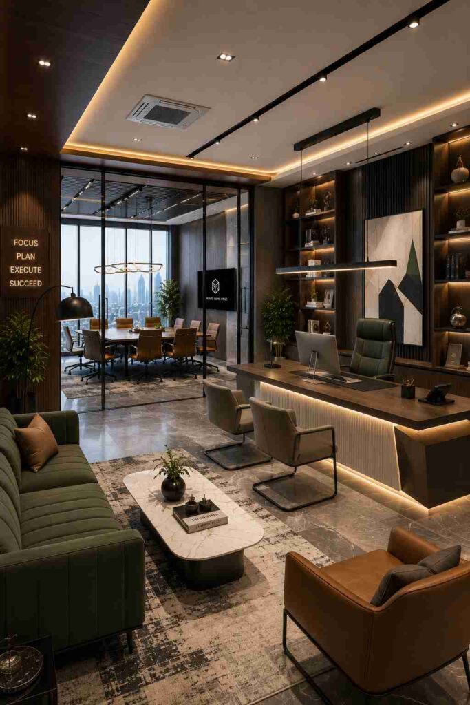 Modern luxury corporate office interior featuring an executive desk, glass conference room, LED accent lighting, custom shelving, premium seating area, and contemporary workspace design with warm wood finishes.