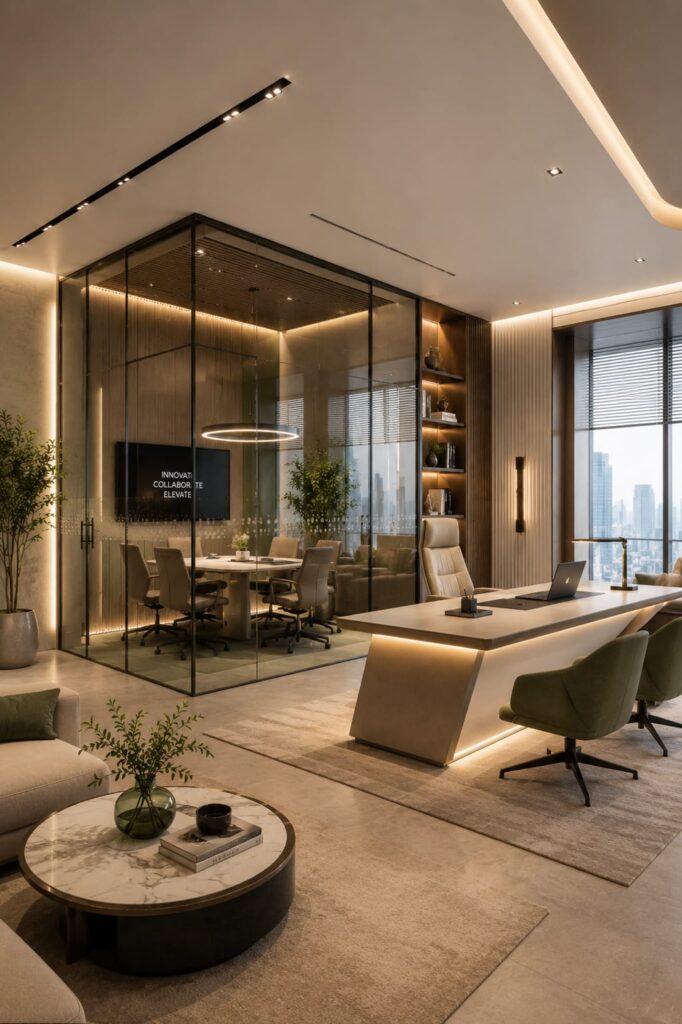 Luxury executive office interior with a modern illuminated desk, glass meeting room, floor-to-ceiling windows, warm ambient lighting, premium furniture, and contemporary corporate workspace design.