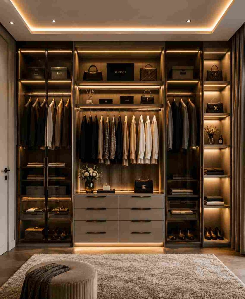 Luxury walk-in wardrobe with glass doors, warm LED lighting, dark wood finish, open hanging space, storage drawers, display shelves, and modern bedroom interior design.