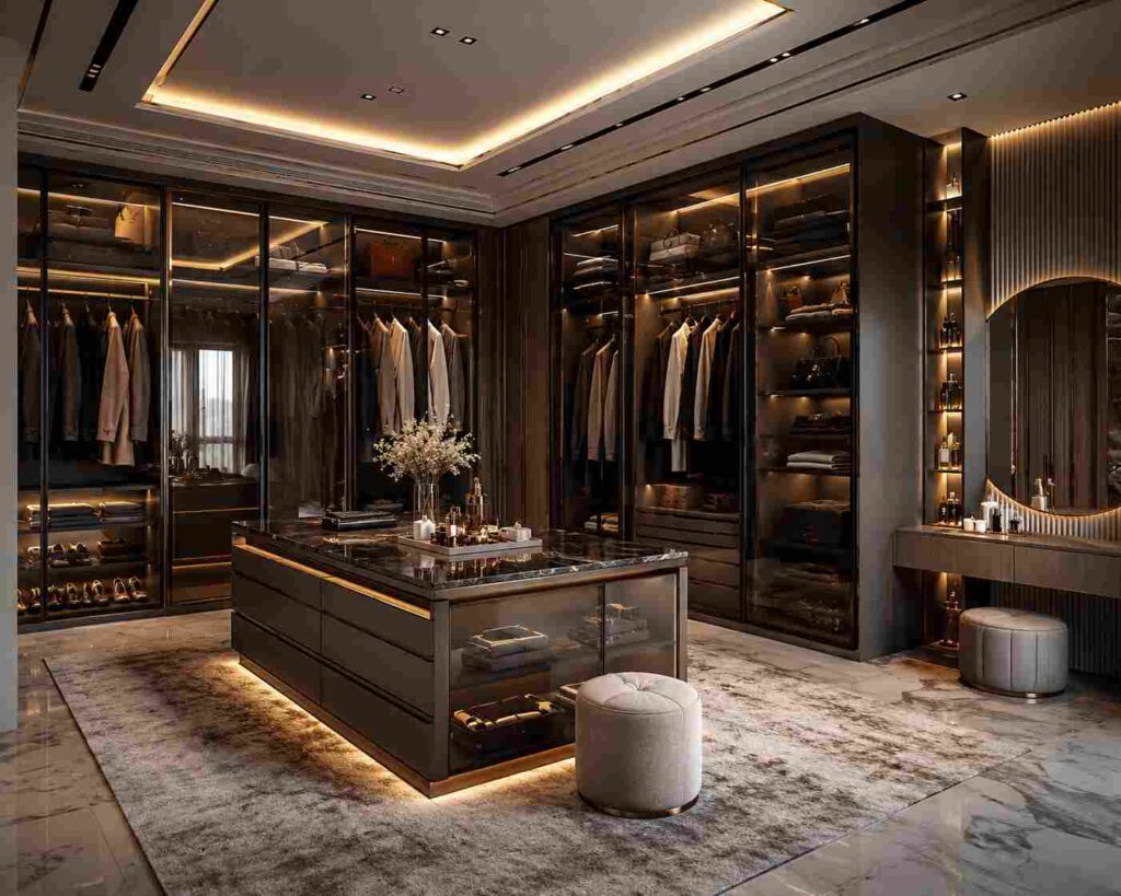 Modern luxury walk-in closet featuring glass-front wardrobes, LED lighting, central storage island, vanity mirror, dark wood cabinets, marble flooring, and premium dressing room interior design.