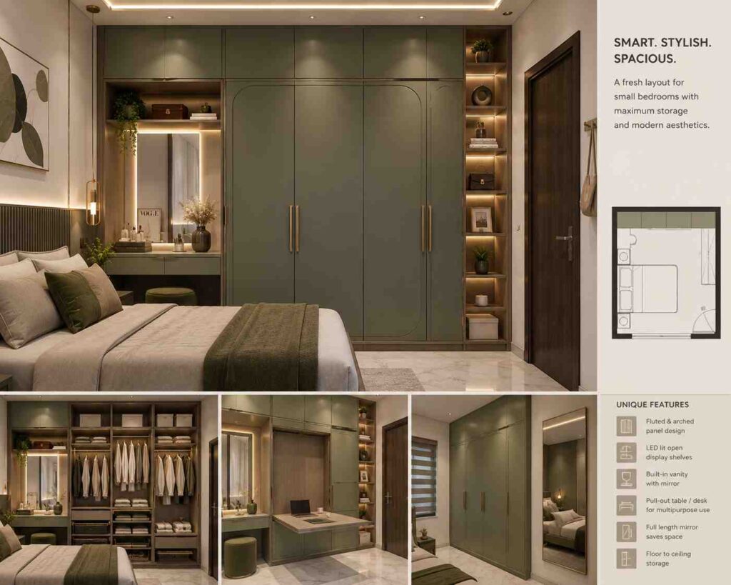 Modern space-saving bedroom wardrobe with floor-to-ceiling storage, built-in vanity mirror, pull-out desk, LED display shelves, olive-green cabinets, and contemporary interior design for small bedrooms.