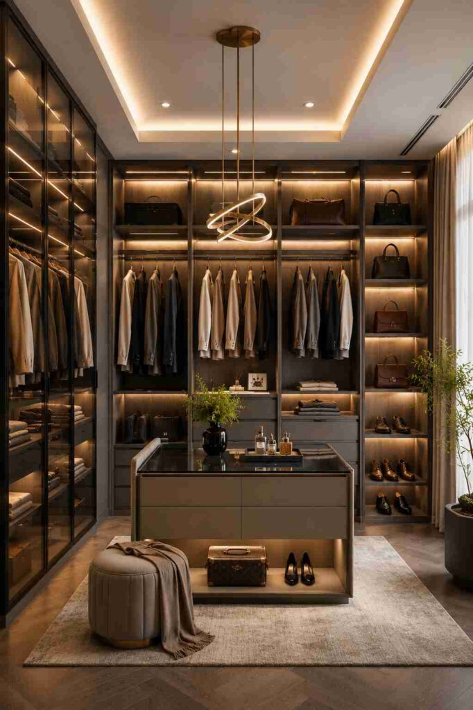 Luxury walk-in wardrobe with glass-front cabinets, LED-lit shelves, central storage island, modern pendant light, organized clothing display, and elegant contemporary interior design.