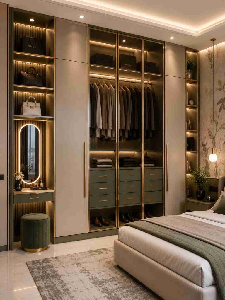 Modern luxury bedroom wardrobe with glass doors, LED lighting, built-in vanity mirror, floor-to-ceiling storage, gold accents, and contemporary interior design.