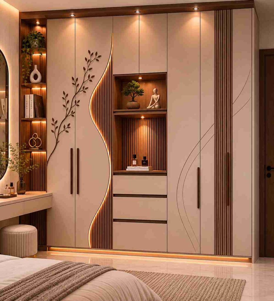 Modern bedroom wardrobe with curved LED accent panels, fluted wood details, built-in display niche, floor-to-ceiling storage, vanity unit, and elegant contemporary interior design.