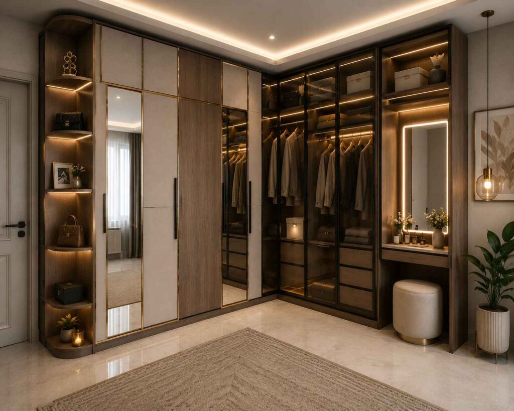 Modern corner wardrobe with glass doors, LED-lit display shelves, built-in vanity mirror, floor-to-ceiling storage cabinets, wood finish, and contemporary bedroom interior design.