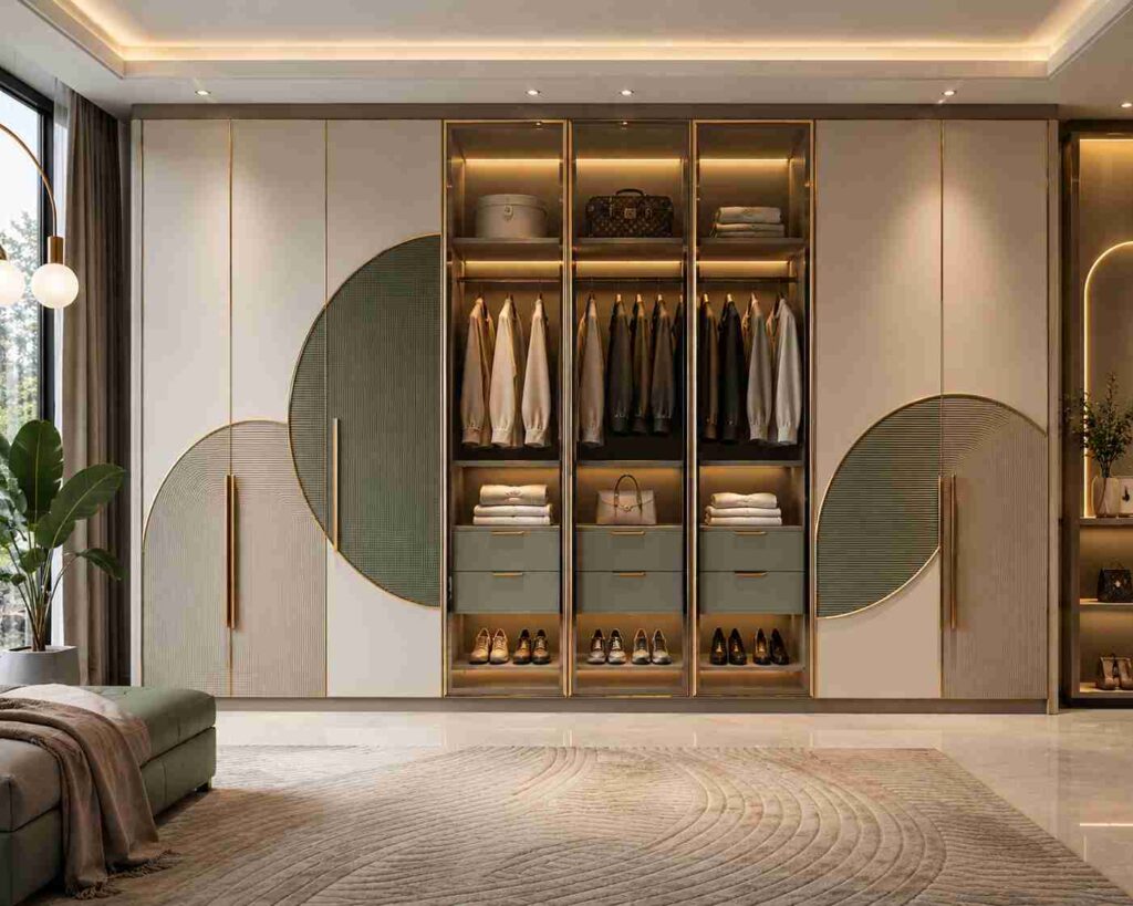 Modern geometric wardrobe with circular panel design, open display shelves, LED lighting, floor-to-ceiling storage, hanging clothes section, and luxury bedroom interior design.