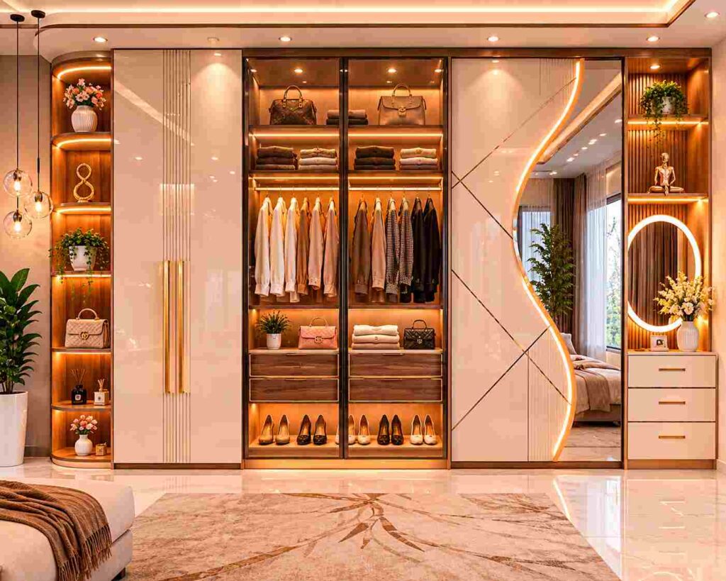 Luxury bedroom wardrobe with curved LED mirror, glass display cabinets, open shelves, warm ambient lighting, integrated drawers, and modern floor-to-ceiling storage design.