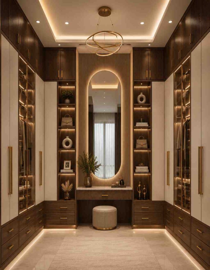 Luxury walk-in closet with glass wardrobes, LED-lit display shelves, arch vanity mirror, floor-to-ceiling storage cabinets, warm ambient lighting, and elegant contemporary interior design.