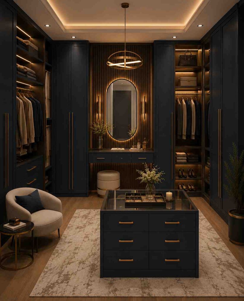 Luxury dark-themed walk-in closet with central storage island, LED-lit vanity mirror, floor-to-ceiling wardrobes, open shelving, gold accents, and modern dressing room interior design.