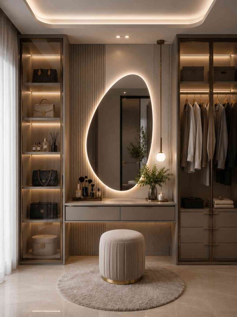 Modern wardrobe vanity with asymmetrical LED mirror, glass display cabinets, illuminated shelves, fluted wall panels, integrated storage drawers, and luxury bedroom interior design.