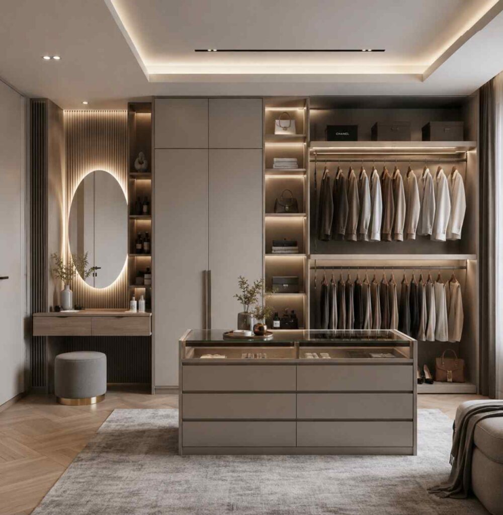 Modern walk-in wardrobe with glass-top storage island, LED vanity mirror, open clothing display, illuminated shelves, floor-to-ceiling cabinets, and luxury bedroom dressing room design.