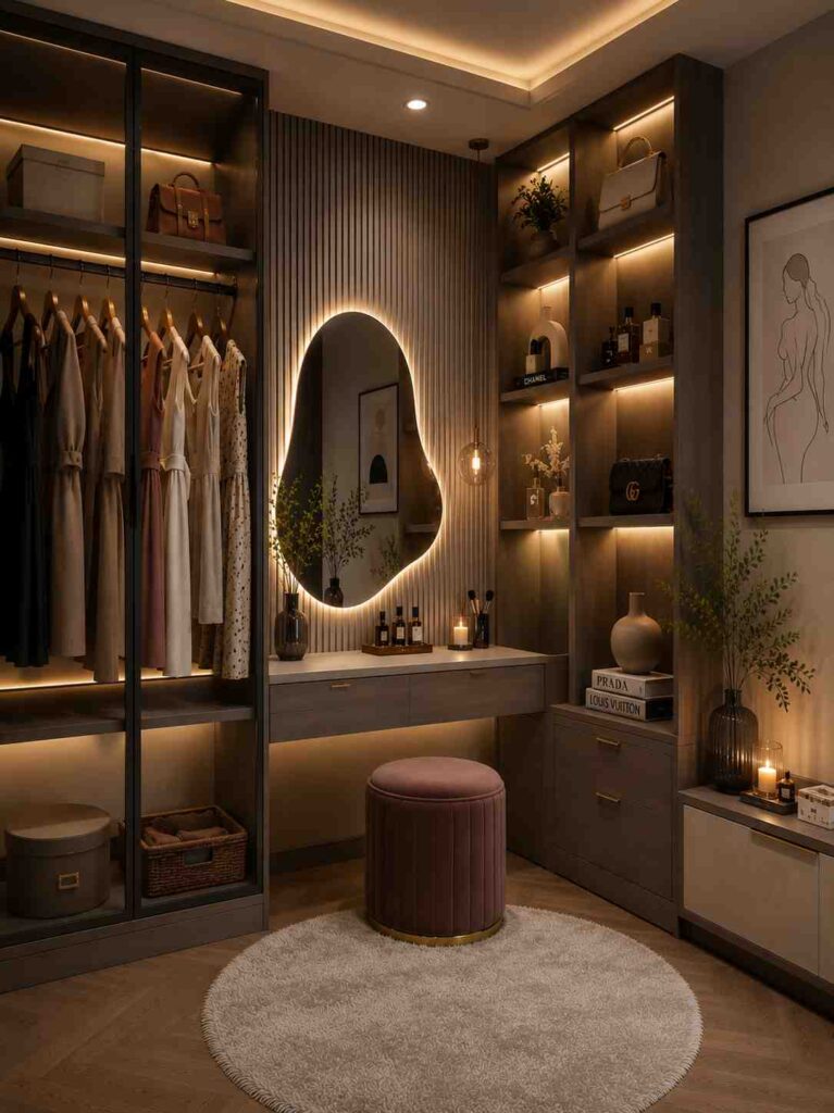 Modern luxury walk-in wardrobe with glass wardrobes, ambient LED lighting, backlit organic-shaped mirror, vanity table, display shelves, and elegant neutral-toned interior décor.