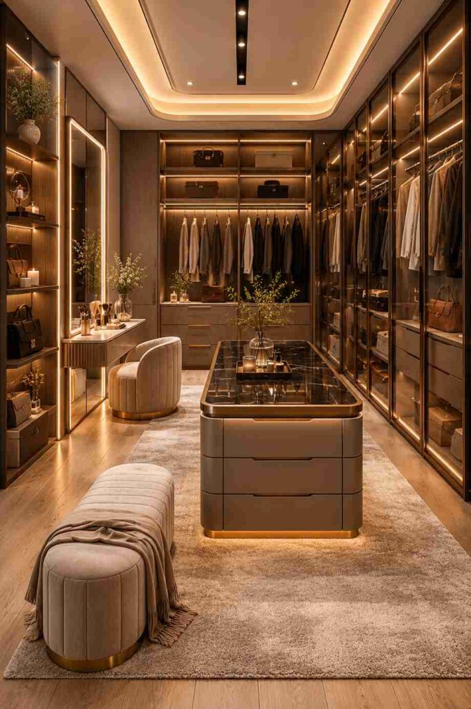 Elegant walk-in closet with glass-front wardrobes, illuminated shelving, center island storage, vanity mirror, warm LED lighting, plush seating, and modern luxury interior design.