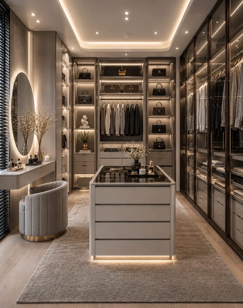 Luxury walk-in closet with glass-front wardrobes, LED-lit shelving, central storage island, vanity mirror, designer handbags display, and contemporary neutral-toned interior design.
