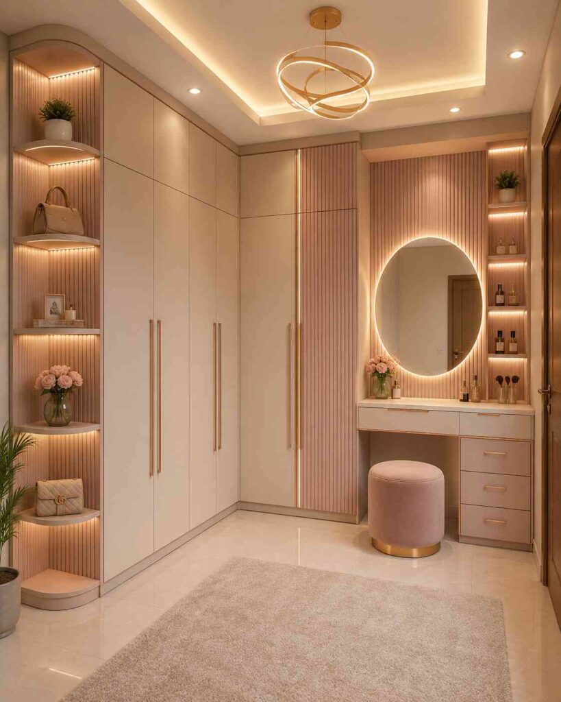Modern corner wardrobe with integrated dressing table, round LED mirror, fluted wall panels, beige cabinetry, illuminated display shelves, and warm ambient lighting in a luxury bedroom.