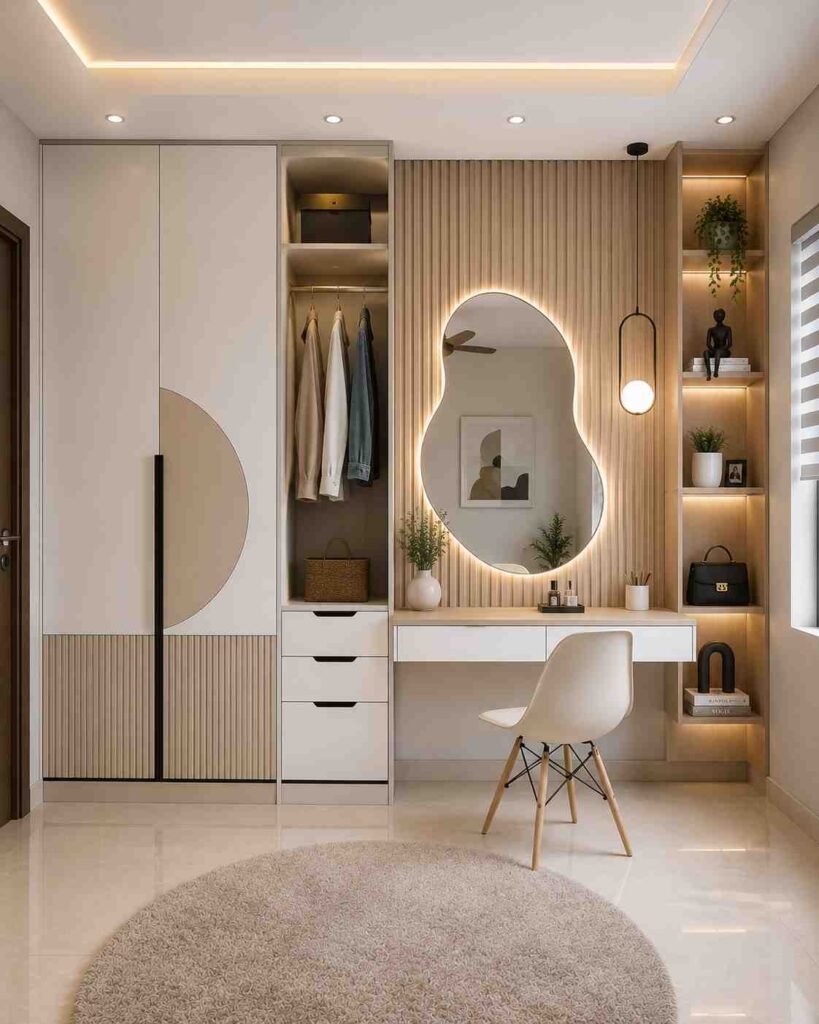 Minimalist bedroom wardrobe design with floating dressing table, organic-shaped LED mirror, fluted wall panels, illuminated display shelves, and modern built-in storage in soft beige tones.