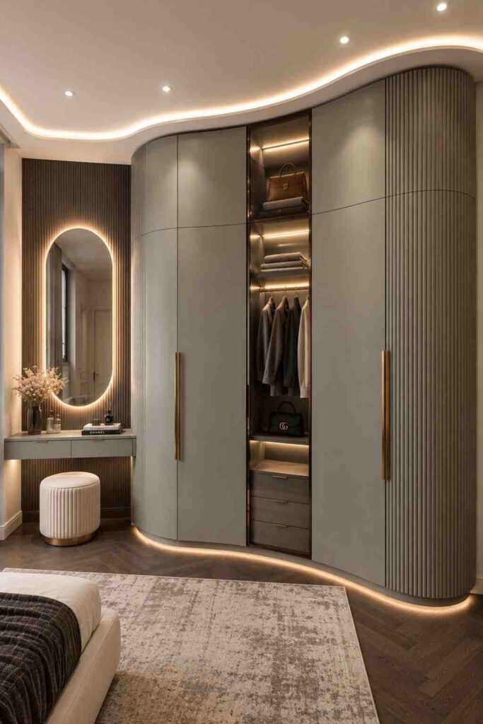 Luxury curved wardrobe design with fluted panels, warm LED lighting, built-in dressing table, illuminated oval mirror, open closet section, and modern bedroom interior.