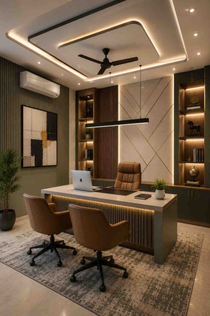 Modern luxury home office interior with executive desk, leather chairs, ambient LED lighting, fluted wall panels, custom shelving, decorative display units, and contemporary workspace design.