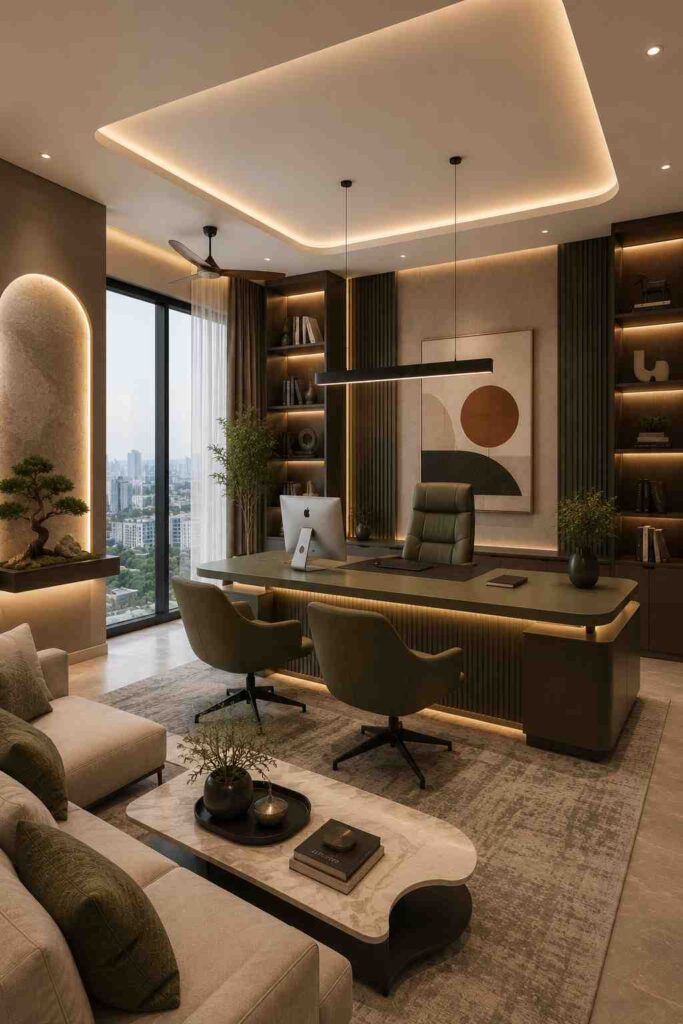 Luxury modern bathroom with double vanity, LED round mirrors, floating wooden cabinets, freestanding bathtub, frameless glass shower, marble walls, and spa-inspired interior design.