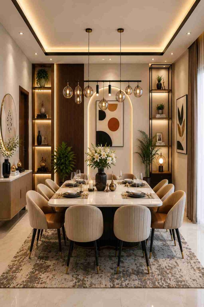 Modern luxury dining room interior with a marble dining table, upholstered beige chairs, warm LED lighting, wooden wall panels, decorative shelves, pendant lights, indoor plants, and contemporary wall art in a cozy premium design.