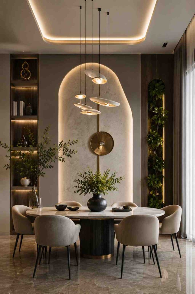 Modern luxury dining room featuring a glowing arch accent wall, designer pendant lights, round marble dining table, upholstered chairs, decorative shelving, indoor greenery, and warm ambient lighting.