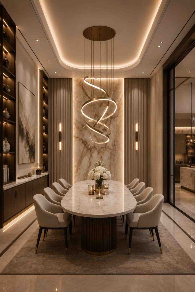Luxury modern dining room featuring an oval marble dining table, upholstered dining chairs, illuminated marble feature wall, custom display shelving, warm LED lighting, and a dramatic spiral pendant chandelier in a contemporary elegant interior.