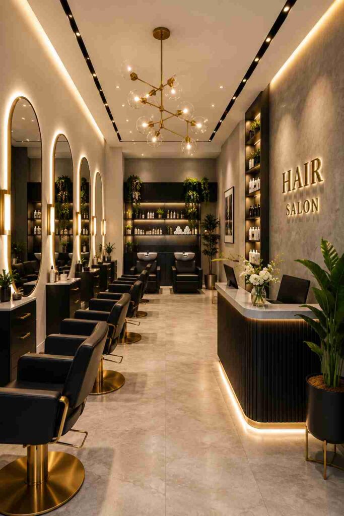 Modern luxury hair salon interior with illuminated arch mirrors, black salon chairs, elegant reception desk, decorative shelving, warm LED lighting, gold accents, and a stylish contemporary beauty salon design.