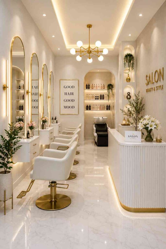 Luxury white and gold hair salon interior with arched mirrors, premium styling stations, elegant reception desk, decorative wall niches, marble flooring, warm LED lighting, and modern beauty salon décor.