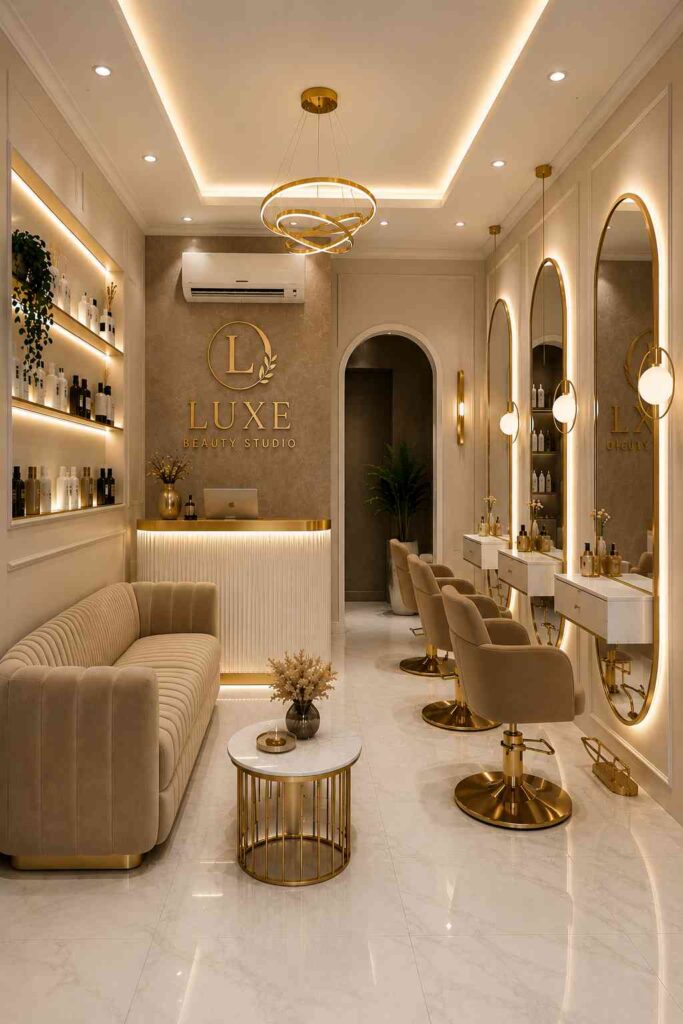 Luxury beauty salon interior featuring gold-framed oval mirrors, modern styling stations, elegant reception desk, cream velvet seating, marble flooring, warm LED lighting, and a sophisticated contemporary salon design.