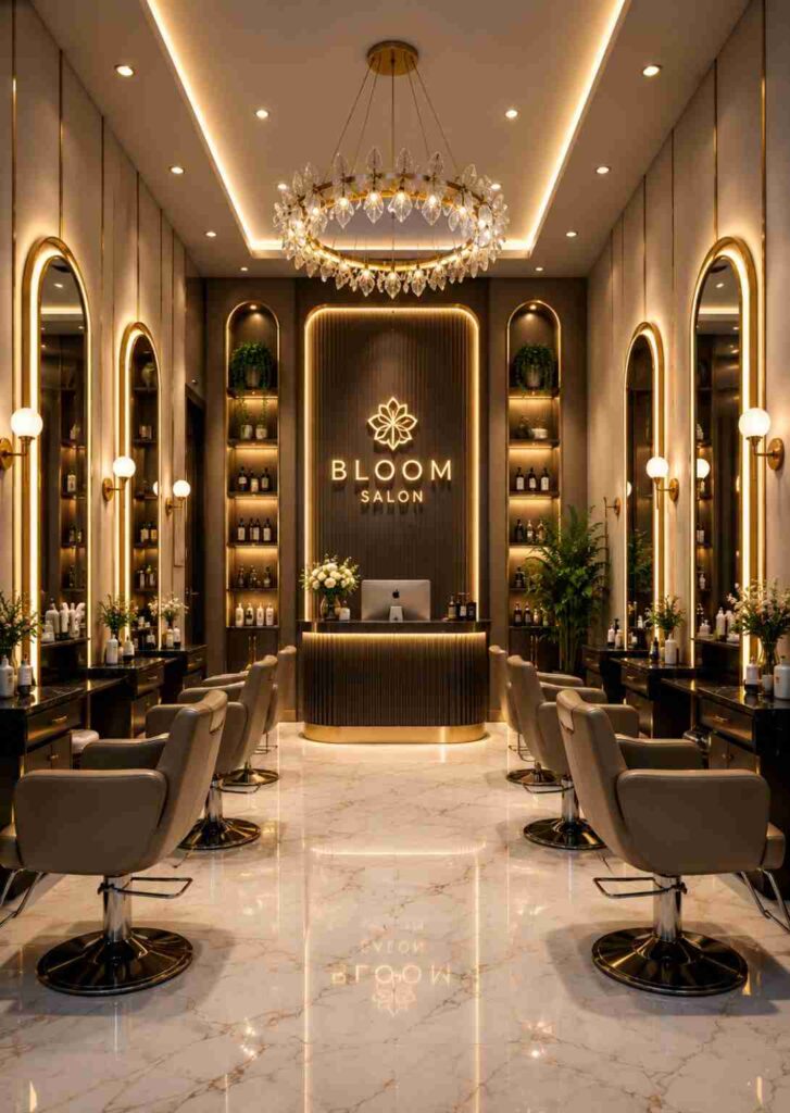 Luxury beauty salon interior with crystal chandelier, illuminated arched mirrors, premium styling chairs, elegant reception counter, marble flooring, warm LED lighting, and sophisticated modern salon décor in gold and neutral tones.