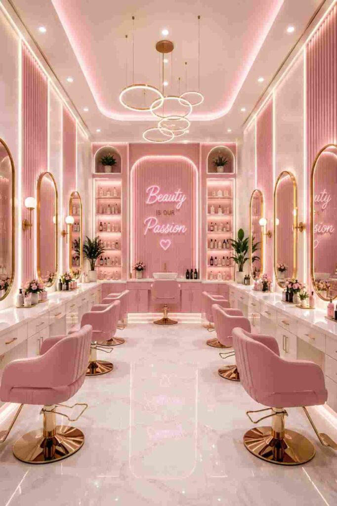 Luxury pink beauty salon interior with illuminated mirrors, gold accents, modern salon chairs, LED lighting, beauty product displays, and elegant contemporary décor.