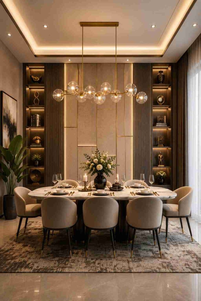 Modern luxury dining room featuring a marble dining table, upholstered chairs, decorative wall panels, illuminated display shelves, warm LED lighting, and a contemporary glass bubble chandelier in a sophisticated neutral color scheme.