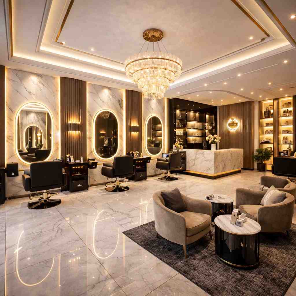Elegant luxury salon interior with marble flooring, LED mirrors, crystal chandelier, stylish salon chairs, premium reception desk, and modern beauty studio décor.