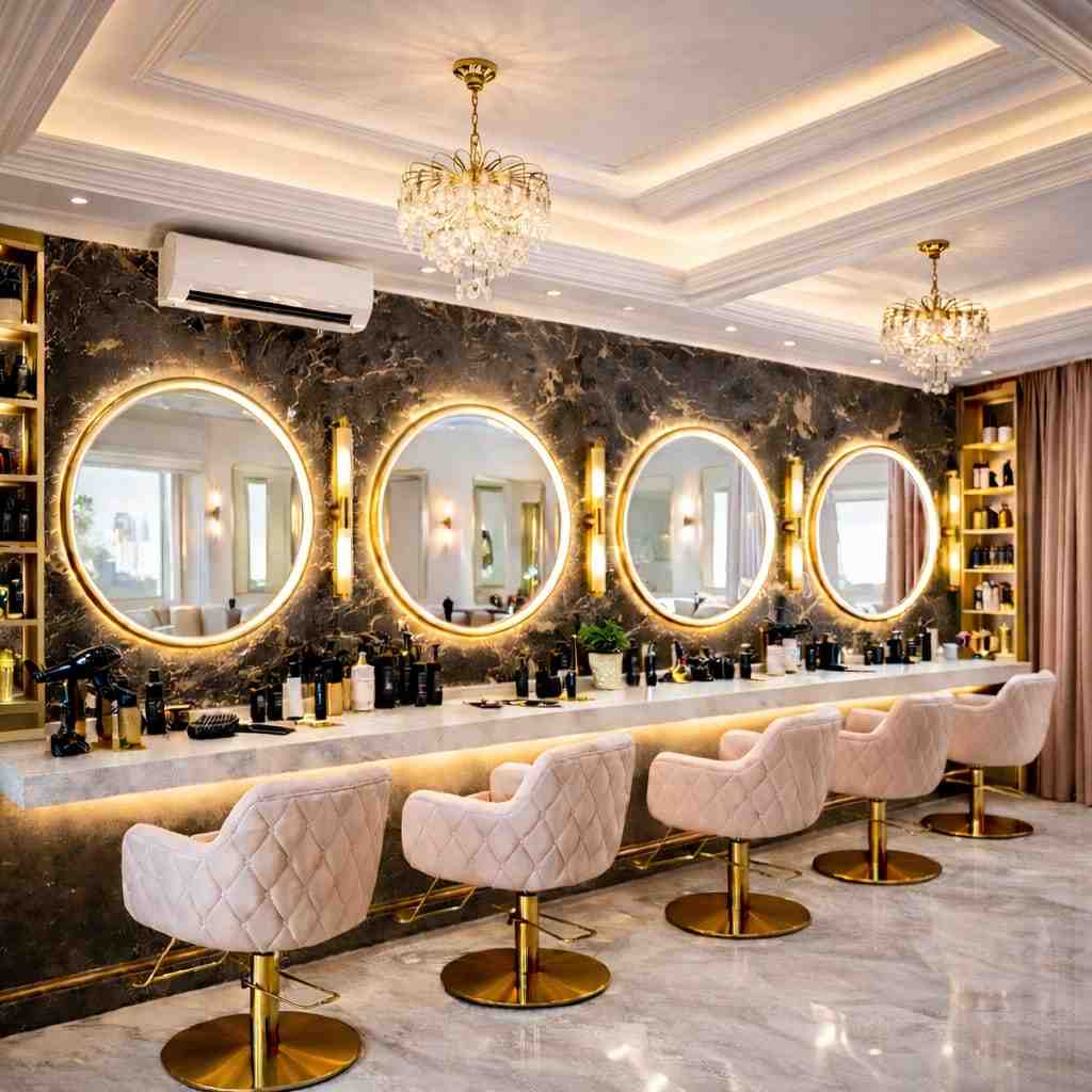 Luxury glam salon interior with round LED mirrors, velvet salon chairs, crystal chandeliers, marble wall décor, and elegant gold lighting in a modern beauty studio.